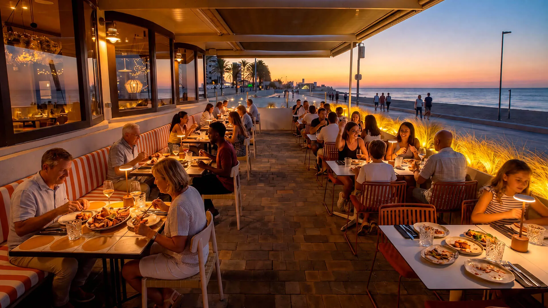 Terraza del Restaurante Akquaaa llena al atardecer, frente al mar de Calafell