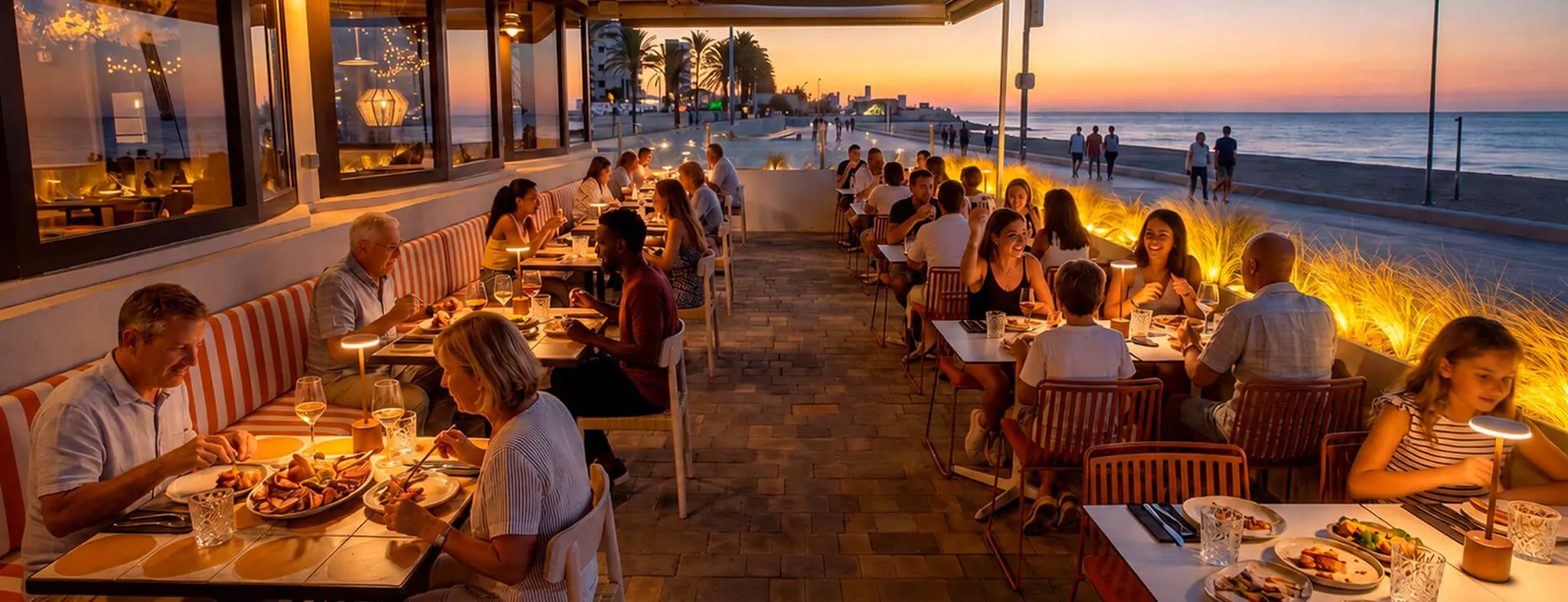 Terraza llena al atardecer en el paseo marítimo